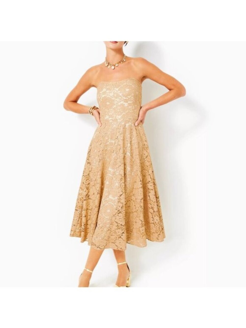 Lilly Pulitzer Aubrianna Strapless Gold Metallic Lace Floral Sweethea Midi Dress